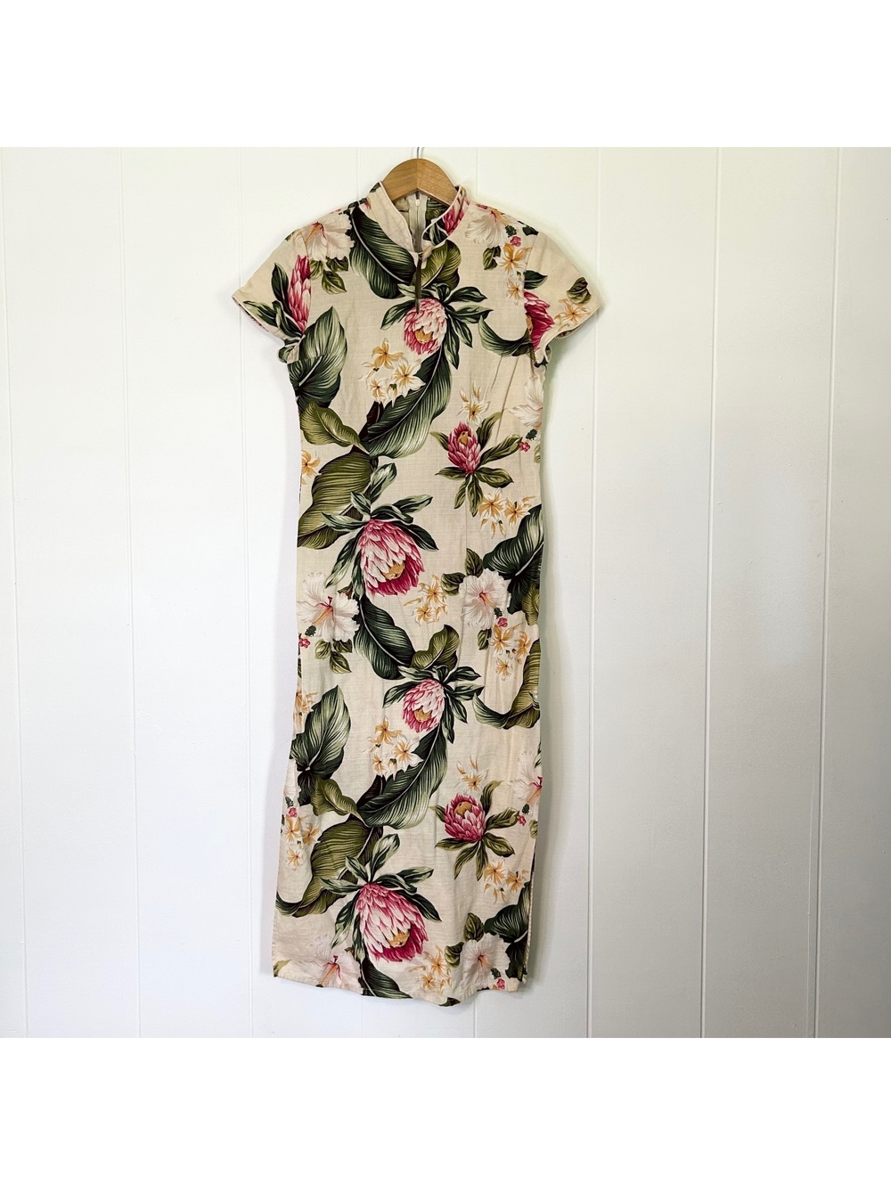 Vintage Young Hawaii Floral Tropical Oriental Keyhole Long Dress Women's Small